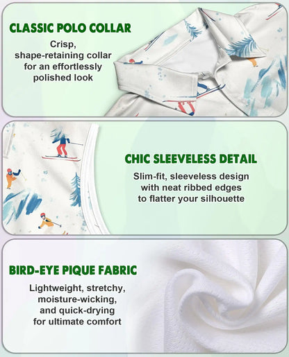 Ski Print Sleeveless Polo Shirt for Women, Winter Sports Adventure Style | Azhawaiian