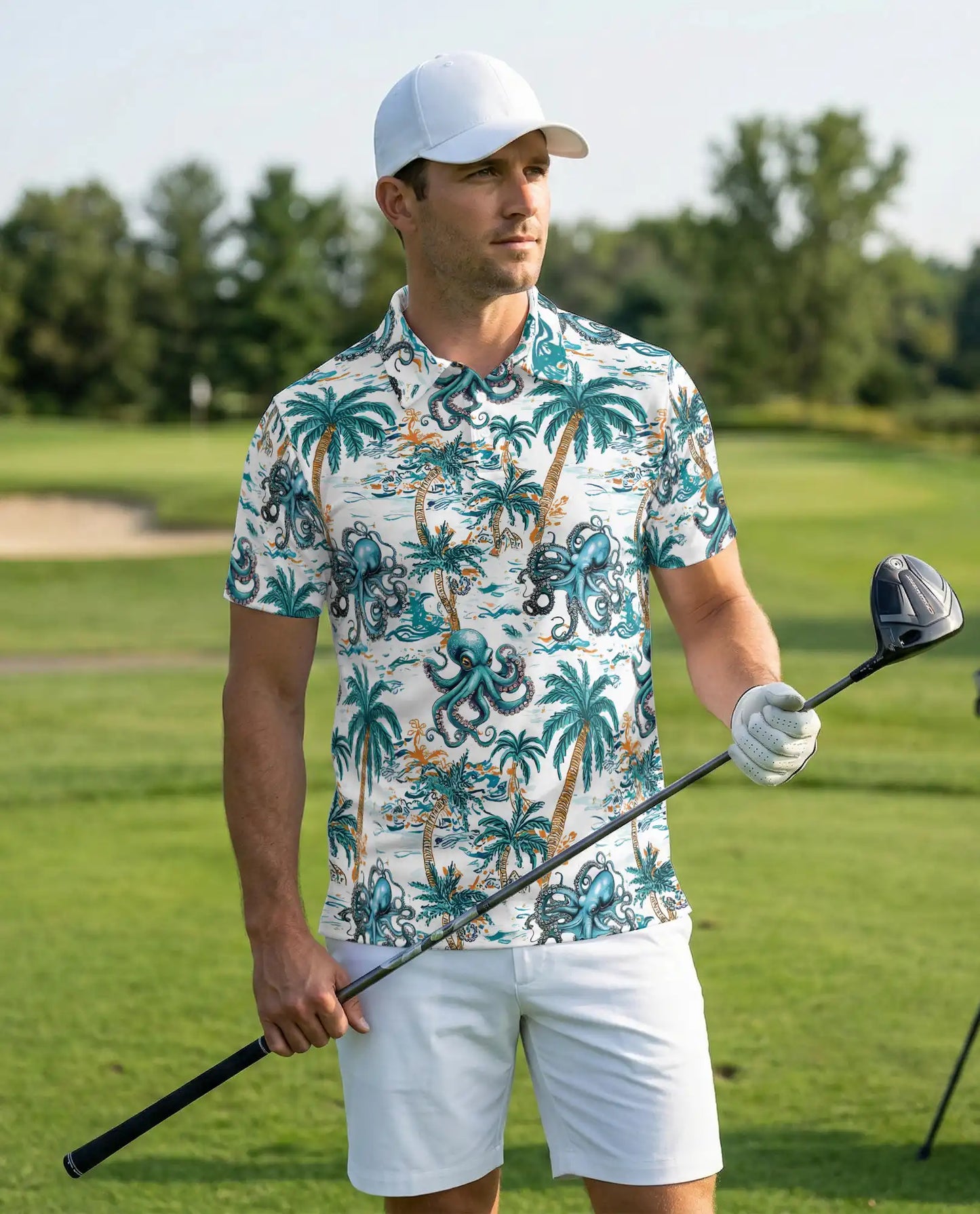 Tropical Octopus 3D Polo Shirt for Men, Ocean Palm Tree Beach Style | Azhawaiian