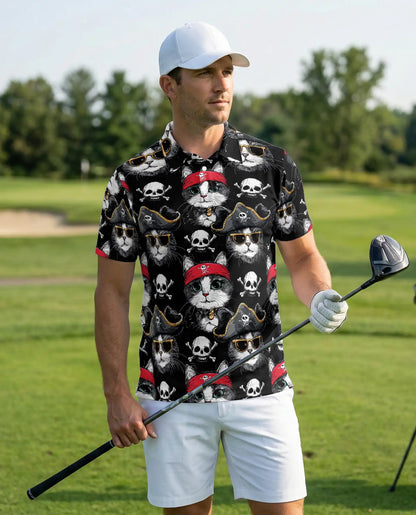 Pirate Cat 3D Polo Shirt for Men, Funny Skull Kitty Style | Azhawaiian