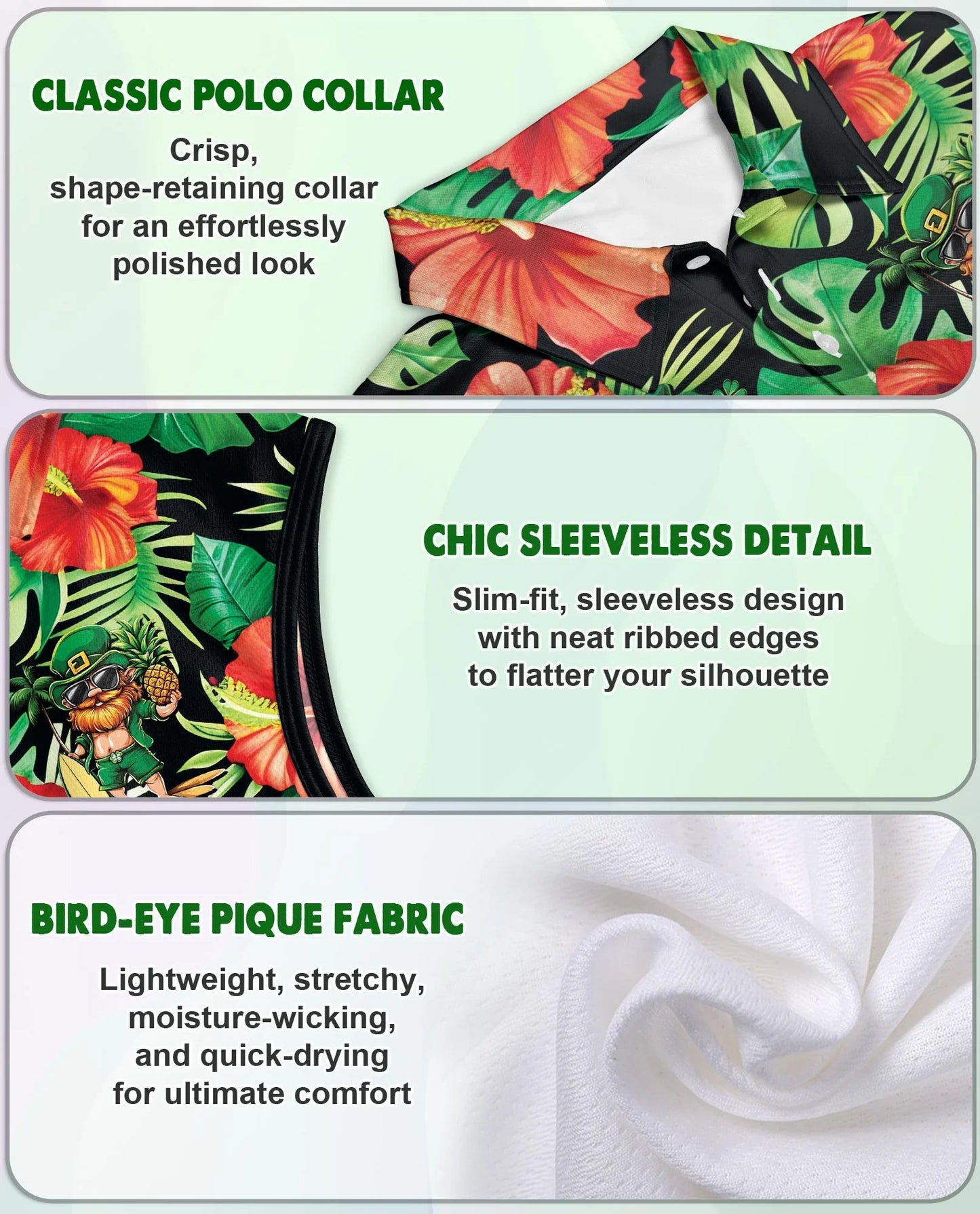 Funny Surfing Leprechaun Tropical Sleeveless Polo Shirt for Women | Azhawaiian