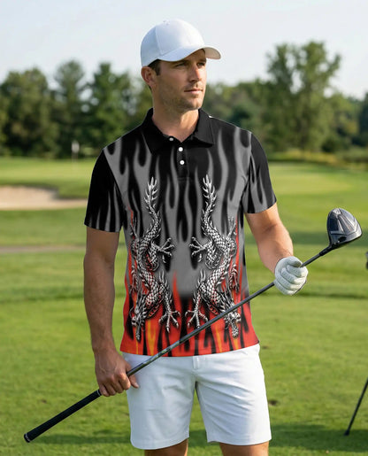 Tribal Dragon Polo Shirt, Silver Dragon Flame Artwork | Azhawaiian