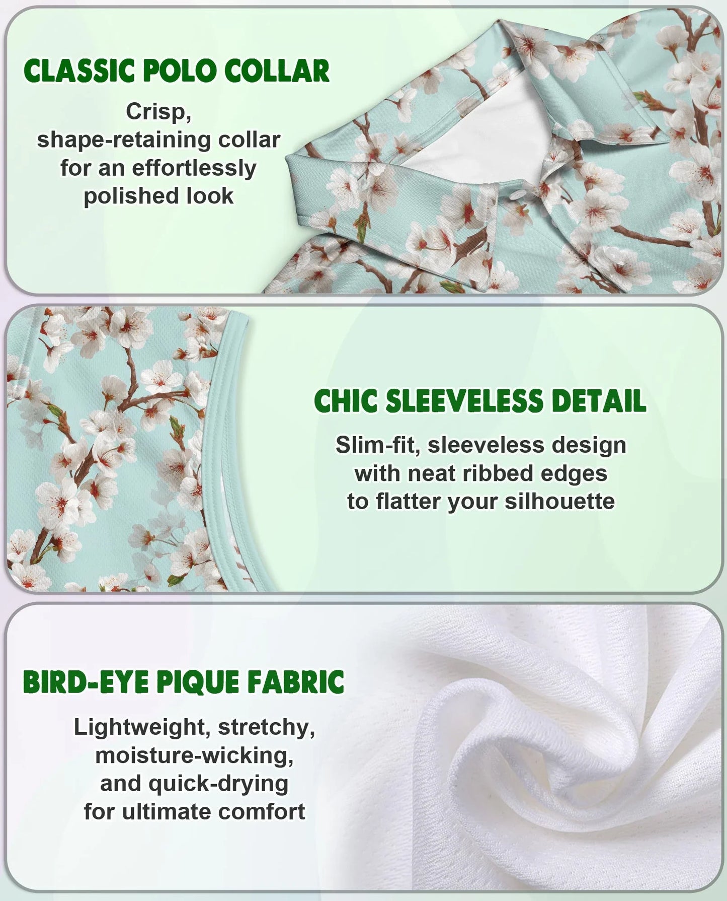 White Sakura Cherry Blossom Sleeveless Polo Shirt for Women, Elegant Floral Style
