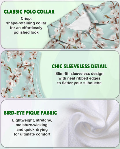 White Sakura Cherry Blossom Sleeveless Polo Shirt for Women, Elegant Floral Style