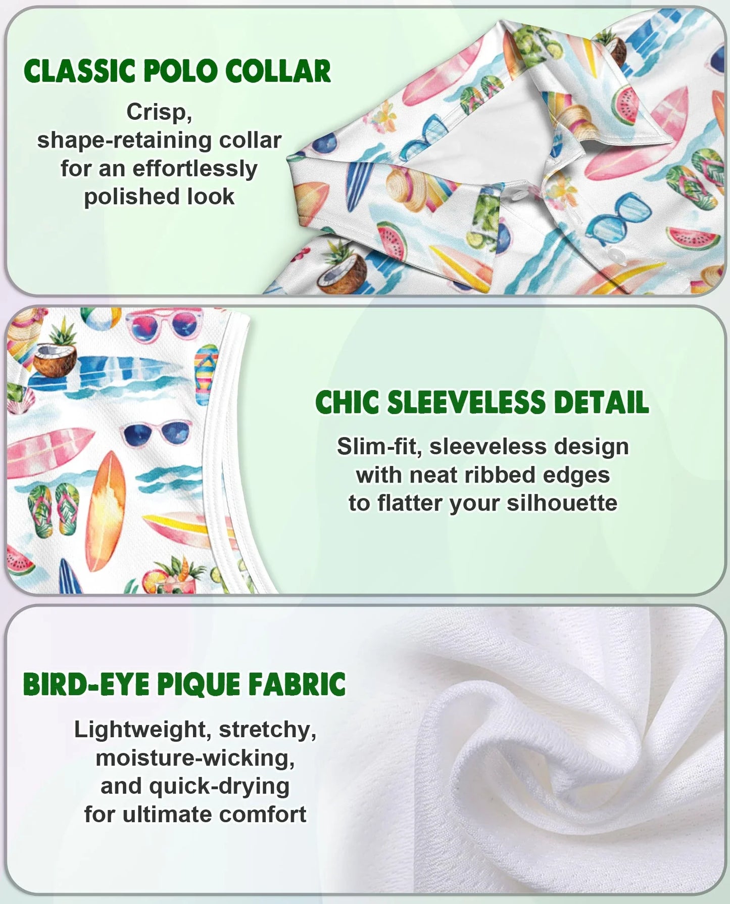 Colorful Tropical Surf Beach Sleeveless Polo Shirt for Women | Azhawaiian