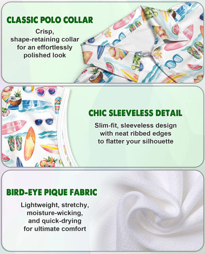 Colorful Tropical Surf Beach Sleeveless Polo Shirt for Women | Azhawaiian