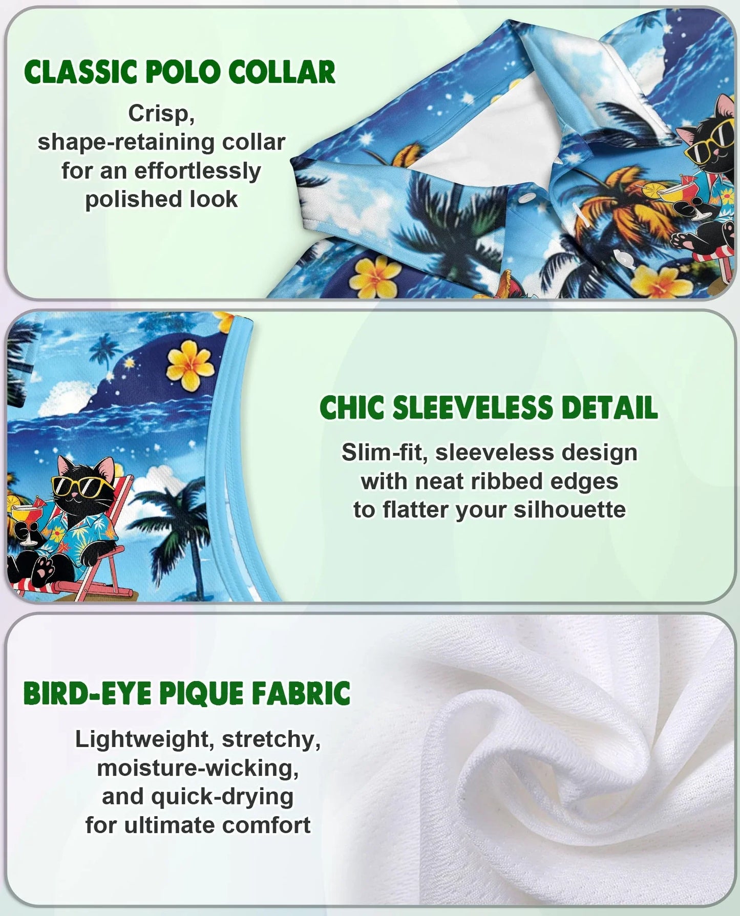 Tropical Cat Sleeveless Polo Shirt for Women | Azhawaiian