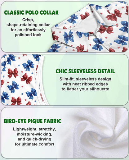 Patriotic Bow Print Sleeveless Polo Shirt for Women | Azhawaiian