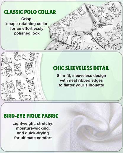Corgi Line Art Pattern Sleeveless Polo Shirt for Women| Azhawaiian