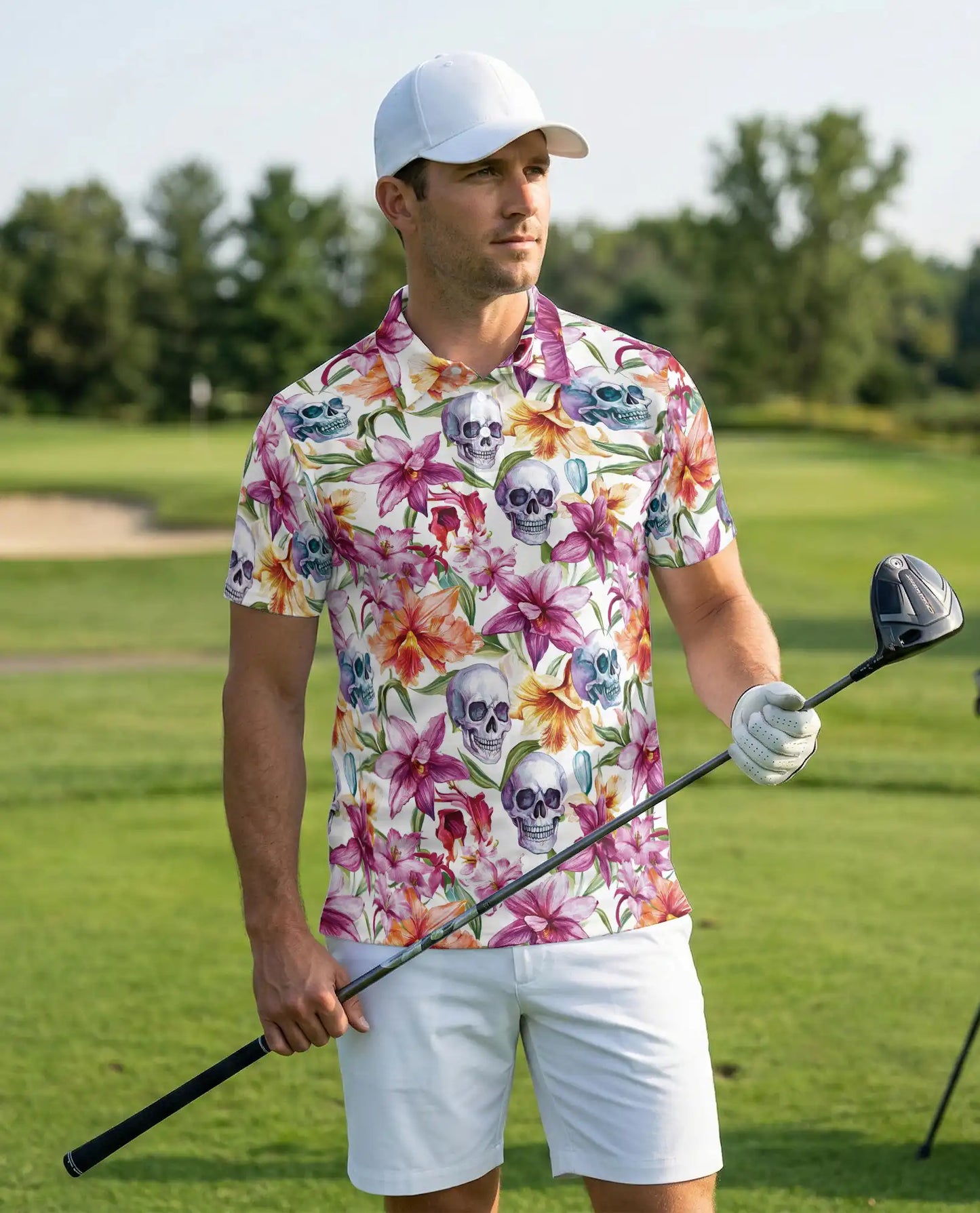 Skull Orchid Floral Polo Shirt-Gothic Botanical Flower Pattern Design | Azhawaiian