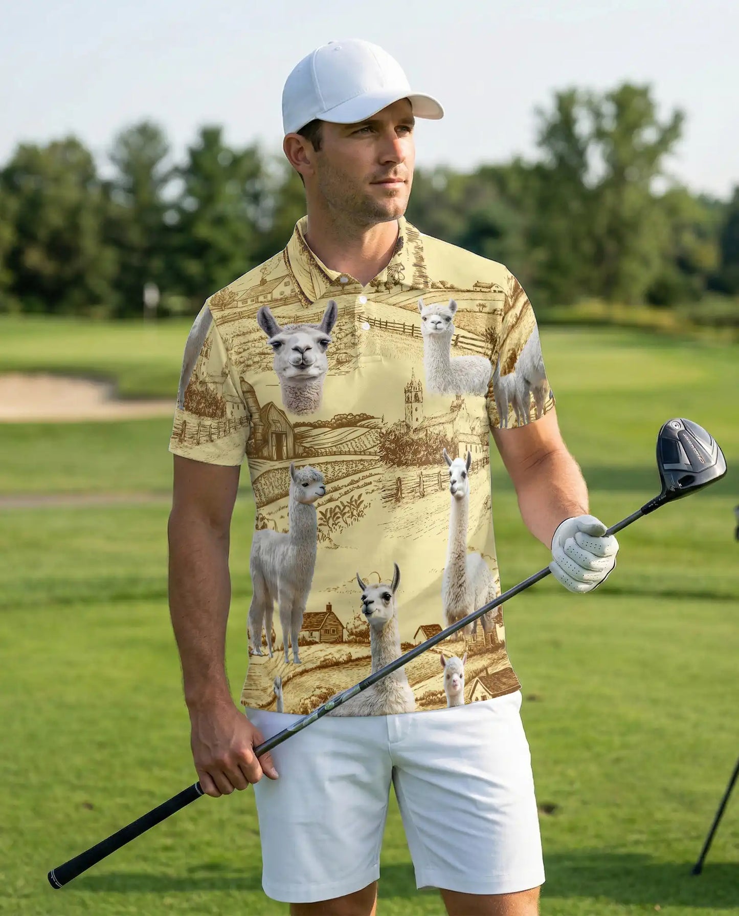 Cute Alpaca Farm 3D Polo Shirt for Men, Rustic Country Animal Style | Azhawaiian