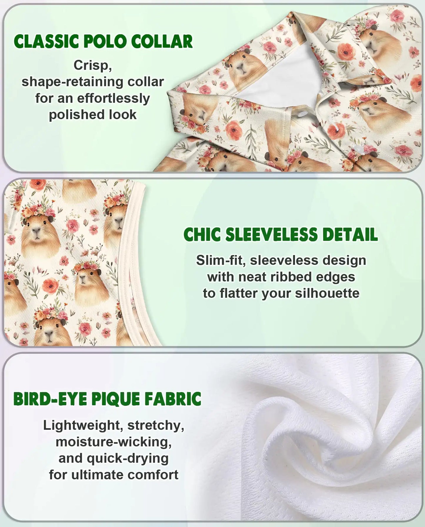 Floral Capybara Pattern Sleeveless Polo Shirt for Women | Azhawaiian