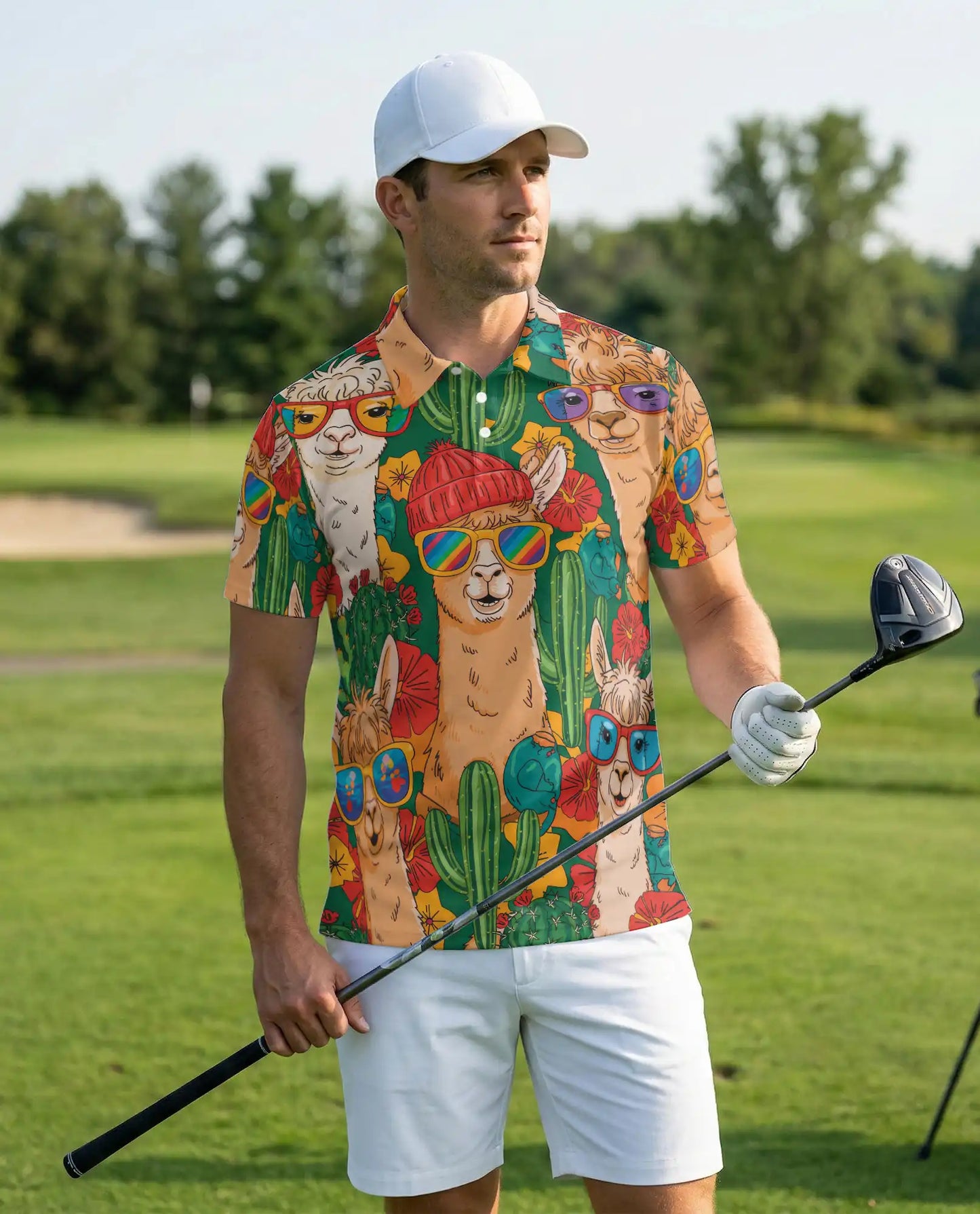 Funny Llama Cactus 3D Polo Shirt for Men, Desert Animal Style | Azhawaiian