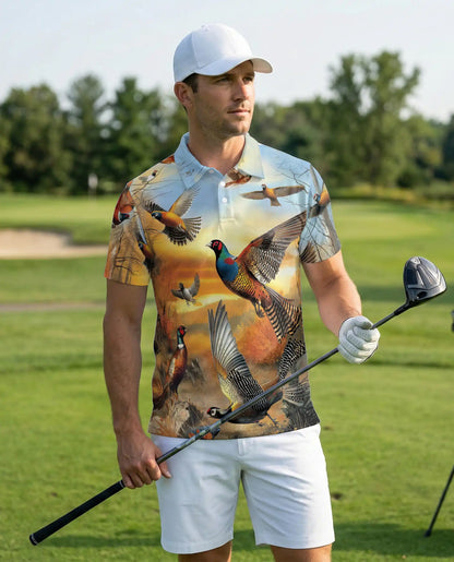 Pheasant Hunting Wildlife 3D Polo Shirt for Men, Rustic Outdoor Nature Style | Azhawaiian