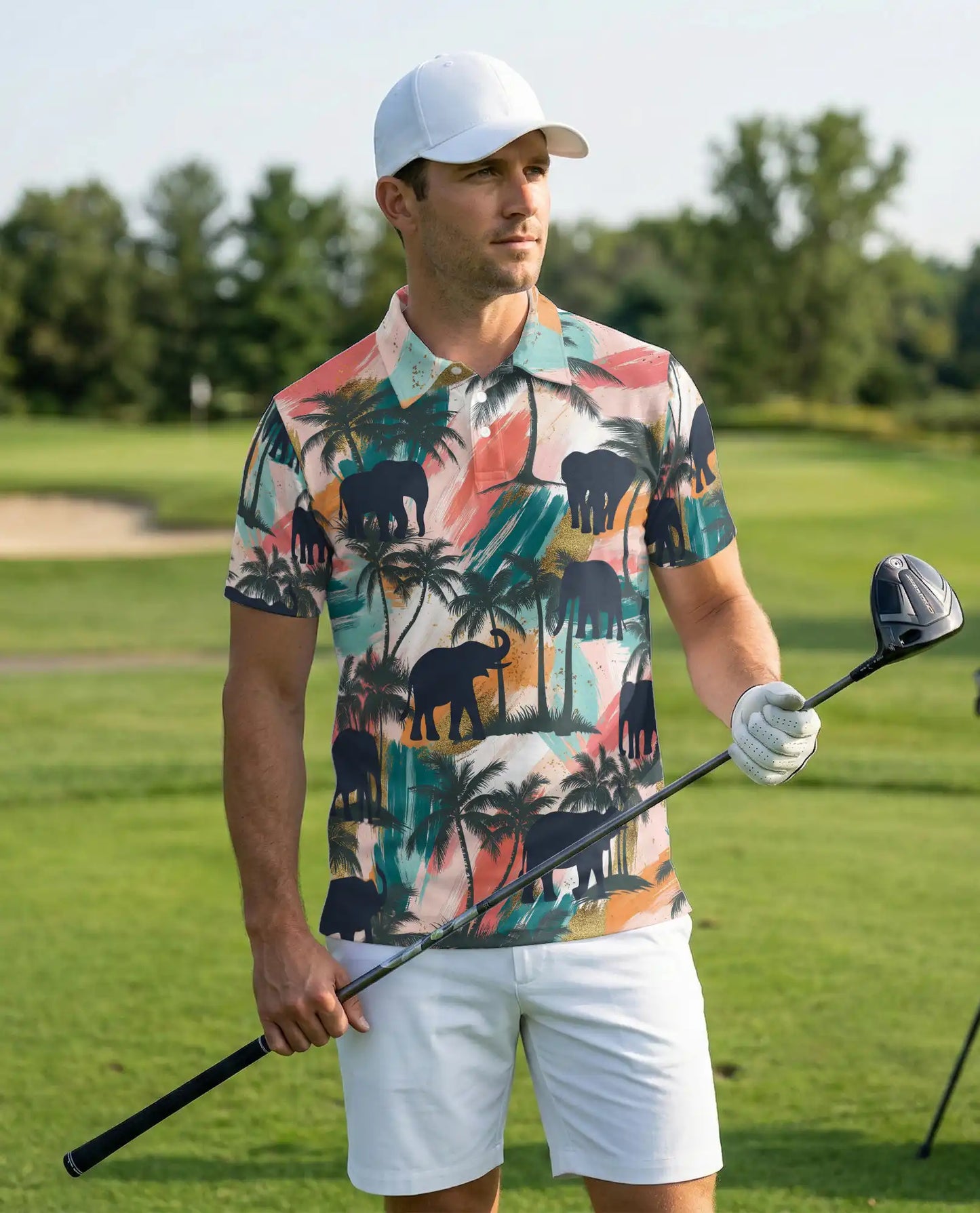Elephant Tropical Polo Shirt, Sunset Jungle Print | Azhawaiian