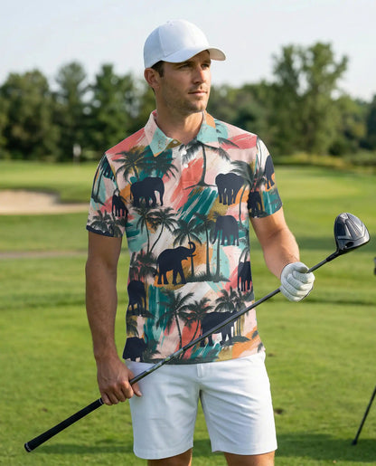 Elephant Tropical Polo Shirt, Sunset Jungle Print | Azhawaiian