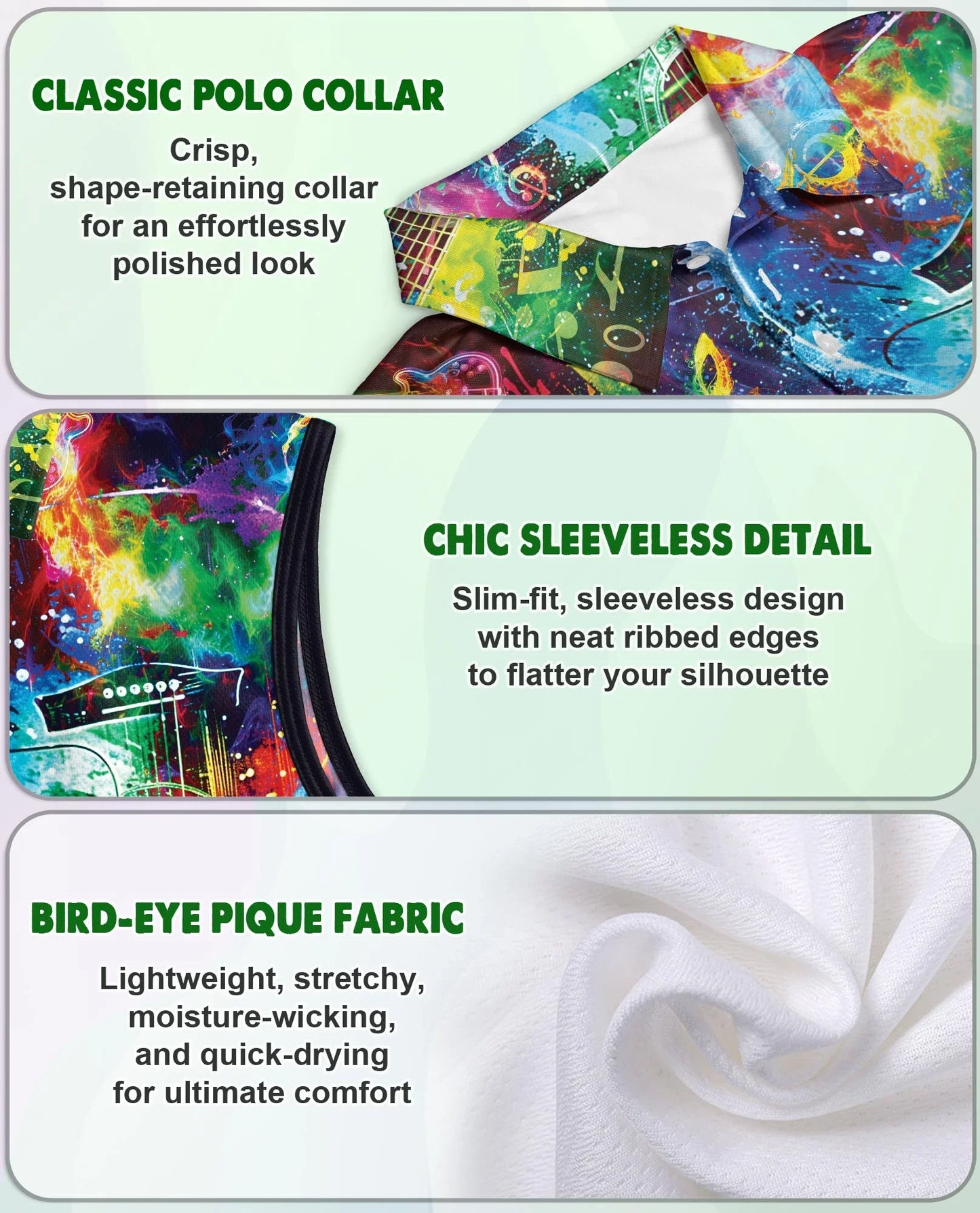 Amazing Rainbow Guitar Sleeveless Polo Shirt for Women| Azhawaiian