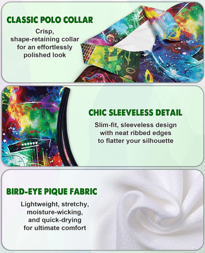 Amazing Rainbow Guitar Sleeveless Polo Shirt for Women| Azhawaiian