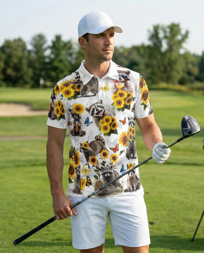 Raccoon Sunflower 3D Polo Shirt for Men, Cute Animal Nature Style | Azhawaiian