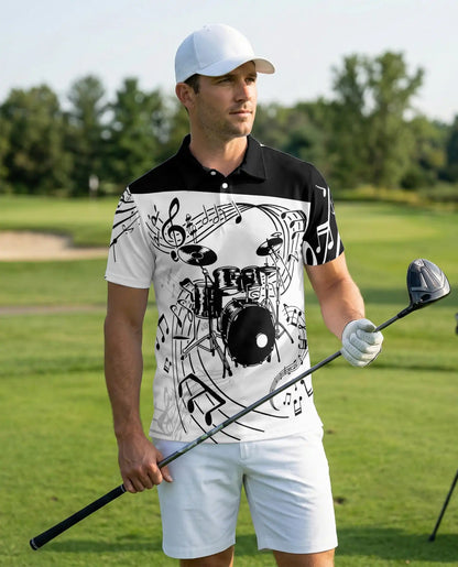 Drum Music 3D Polo Shirt for Men, Black White Band Art Style | Azhawaiian