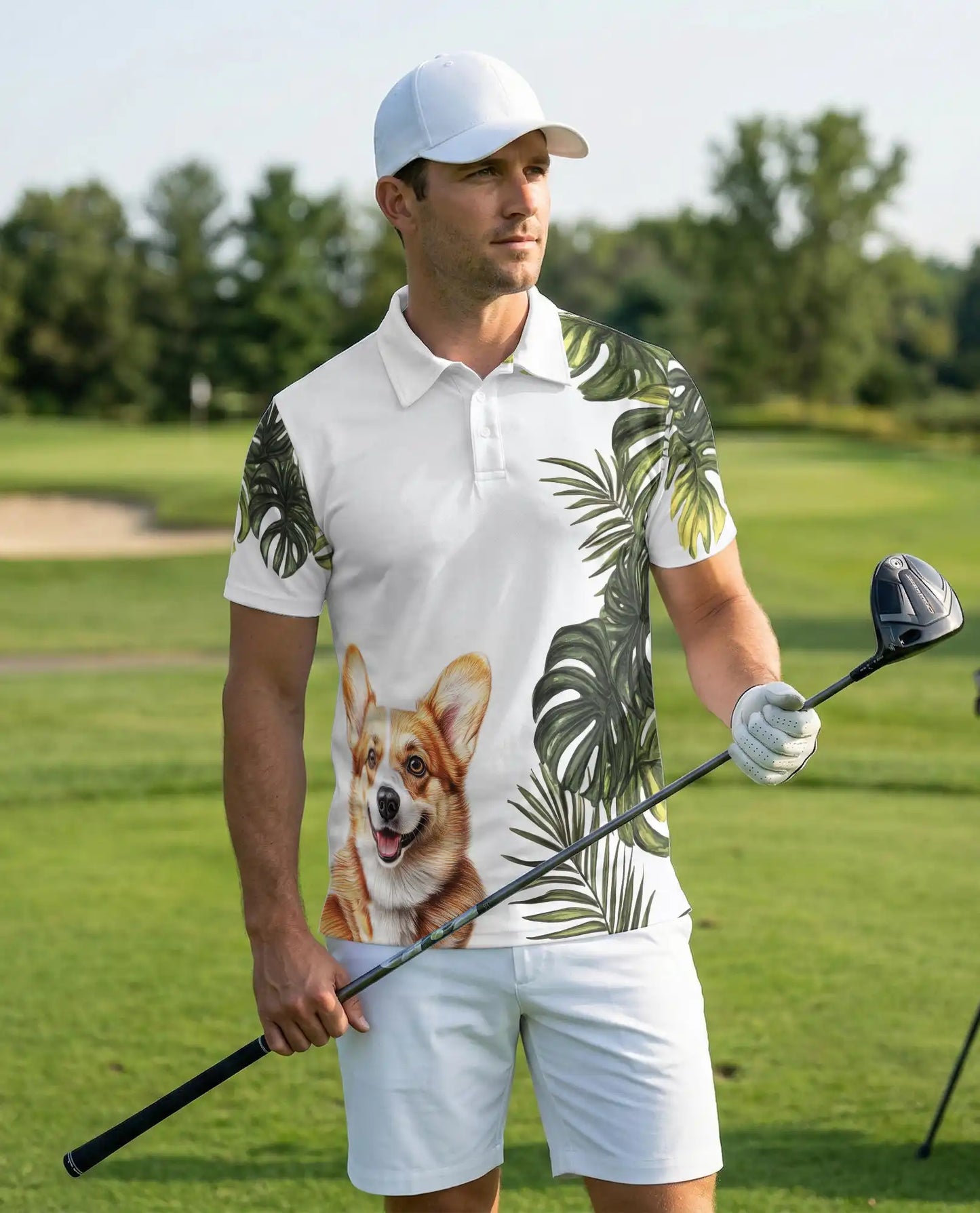 Cute Corgi Tropical Leaves 3D Polo Shirt for Men, Hawaiian Dog Lover Style | Azhawaiian