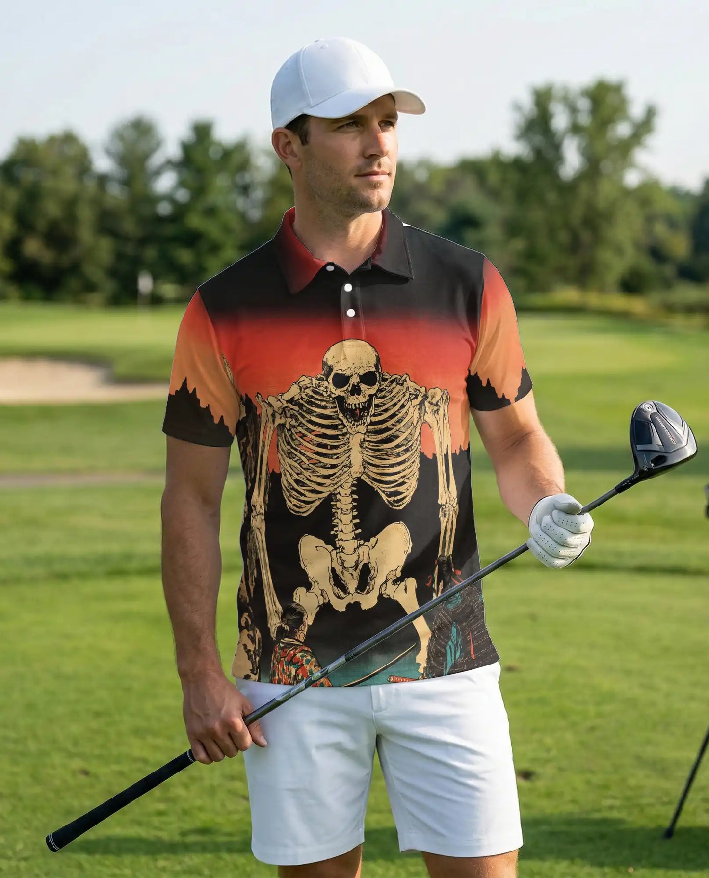 Skeleton Sunset Polo Shirt, Vintage Skull Print | Azhawaiian