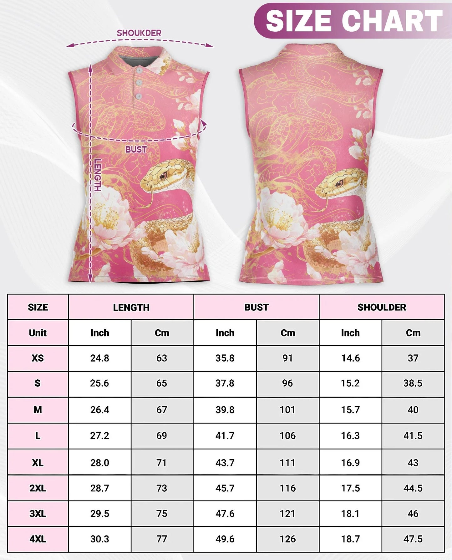 Snake and Peony Print Sleeveless Polo Shirt for Women | Azhawaiian