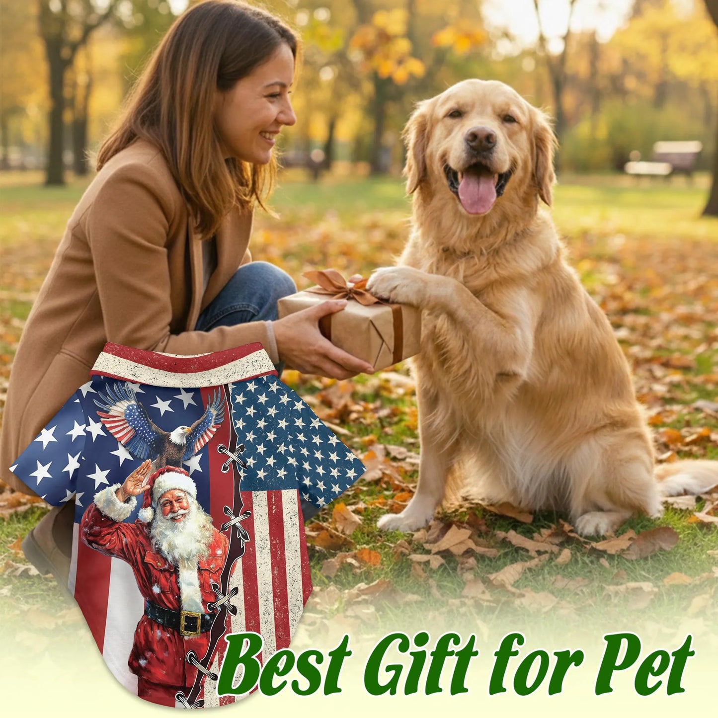 Patriotic American Christmas Santa Print Matching Dog Owner Hawaiian Shirts, Funny Pet Aloha Shirt for Beach Vacation - Azhawaiian