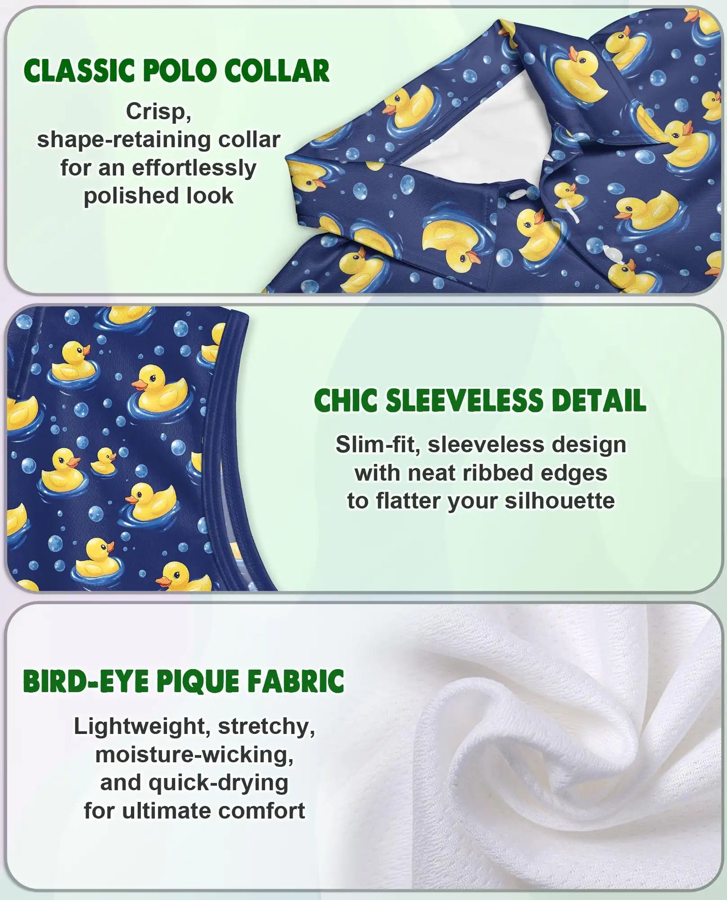 Cartoon Duck Pattern Sleeveless Polo Shirt for Women, Cute Animal Style | Azhawaiian