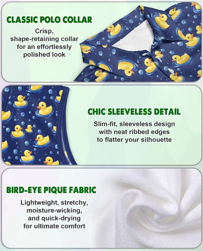 Cartoon Duck Pattern Sleeveless Polo Shirt for Women, Cute Animal Style | Azhawaiian