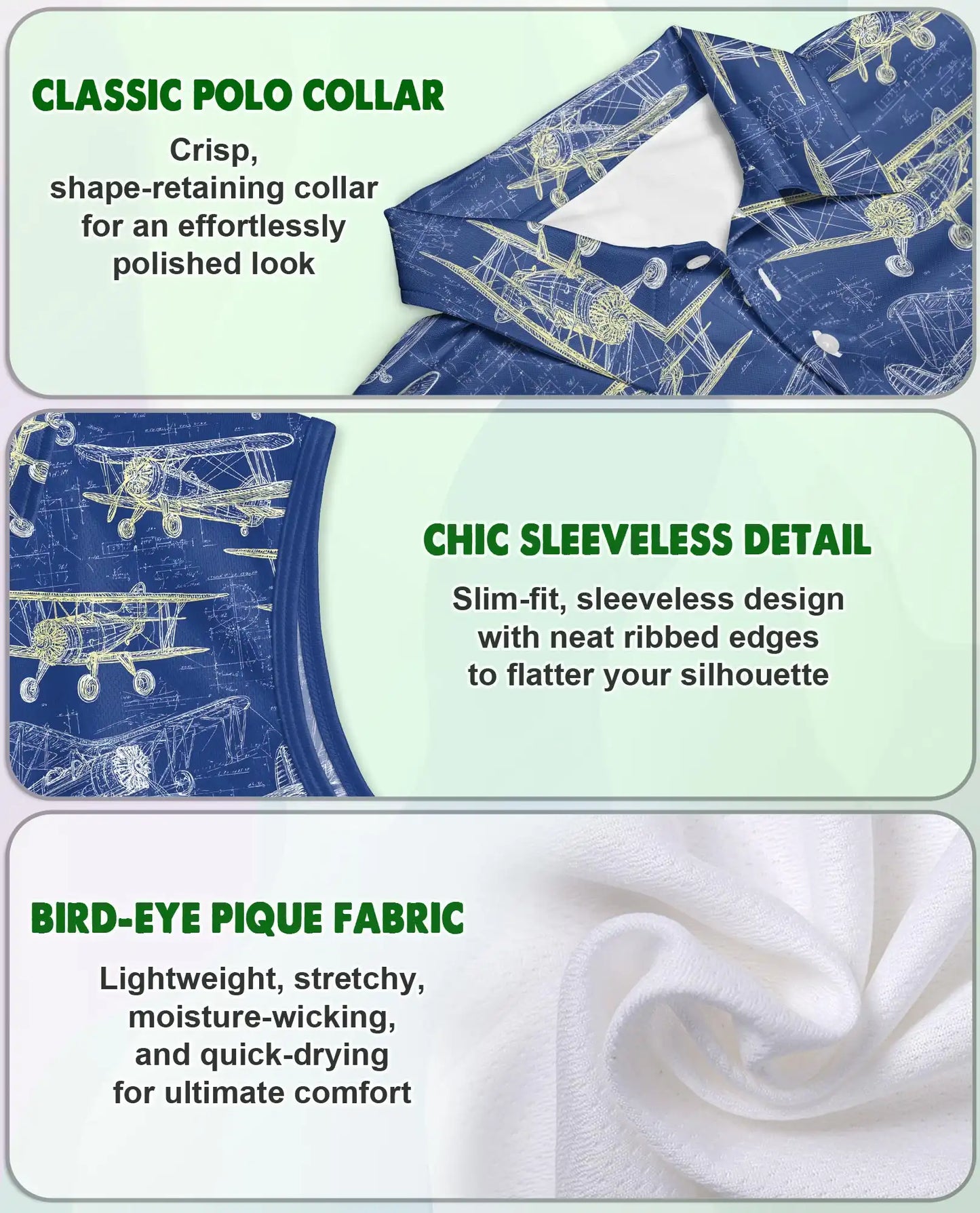 Vintage Biplane Print Sleeveless Polo Shirt for Women, Retro Aviation Style | Azhawaiian