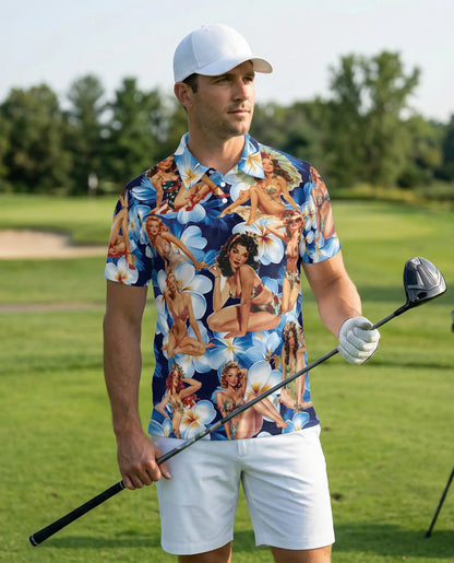 Pin Up Girl 3D Polo Shirt for Men, Vintage Floral Retro Style | Azhawaiian