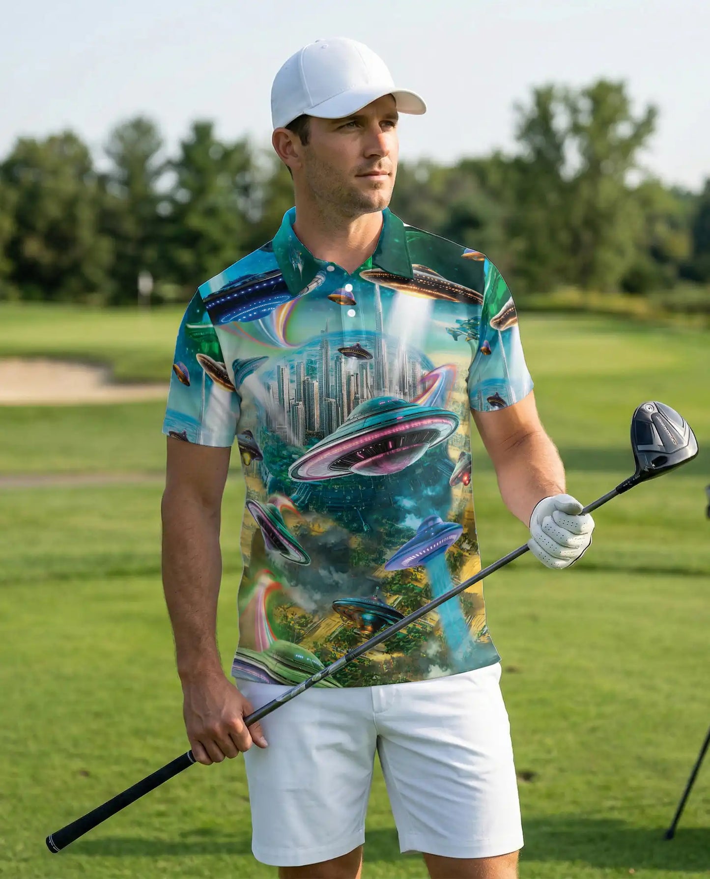 UFO Polo Shirt, Futuristic Sci-Fi City Print | Azhawaiian