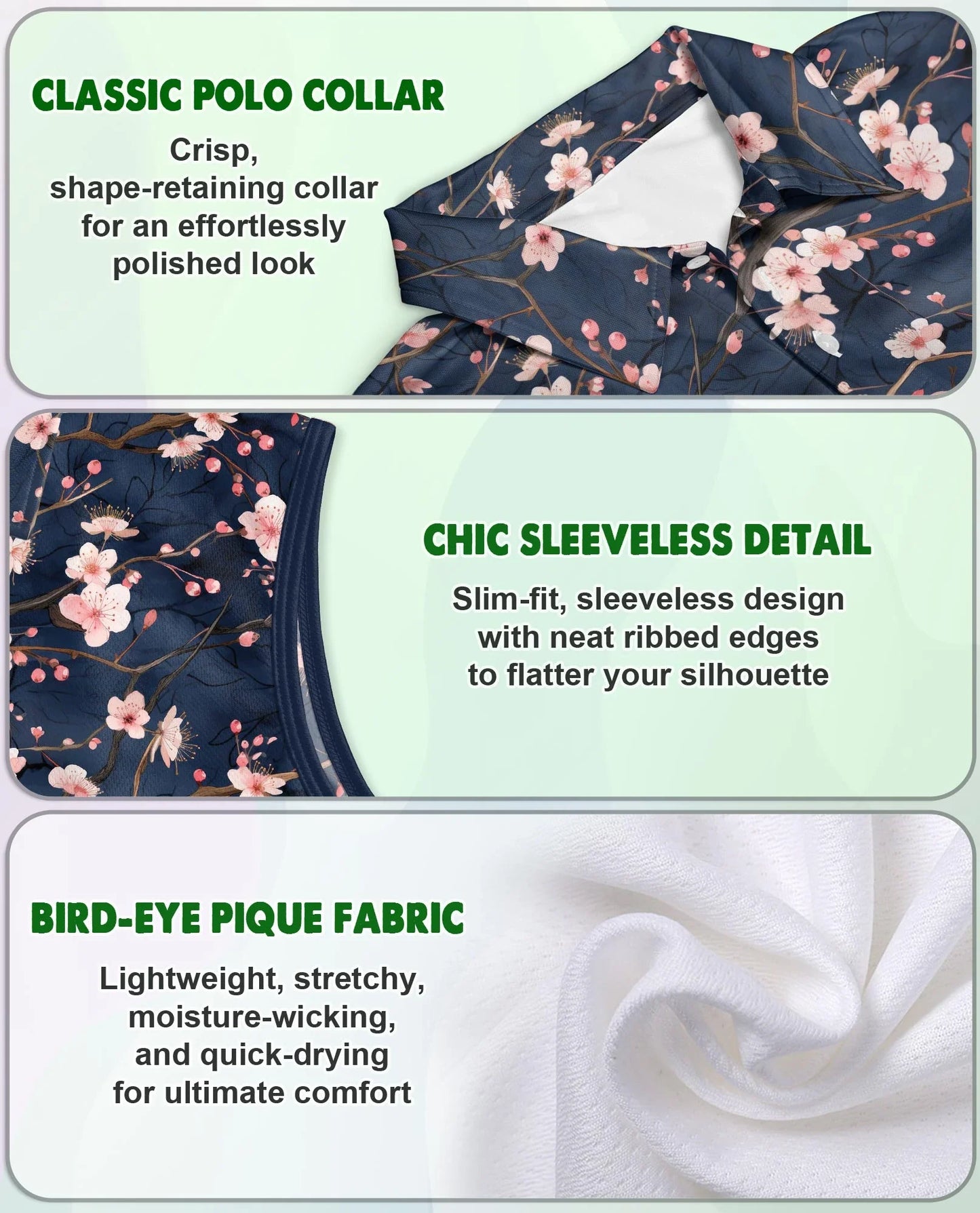 Navy Sakura Flower Sleeveless Polo Shirt for Women, Elegant Floral Style | Azhawaiian