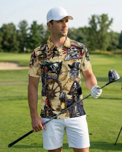 Vintage Pirate Skeleton Polo Shirt-Skull Captain Treasure Map Design | Azhawaiian