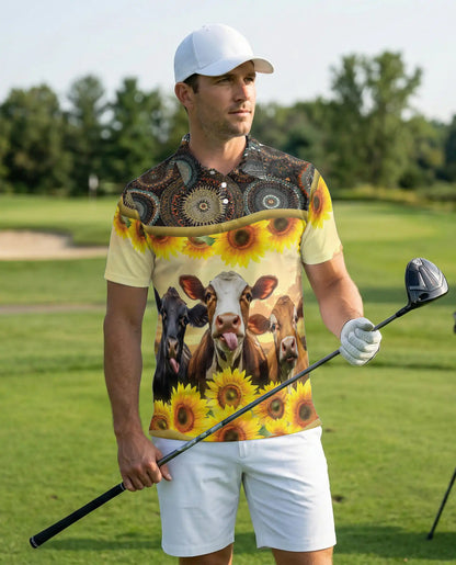 Cow Sunflower Polo Shirt, Rustic Farm Print | Azhawaiian
