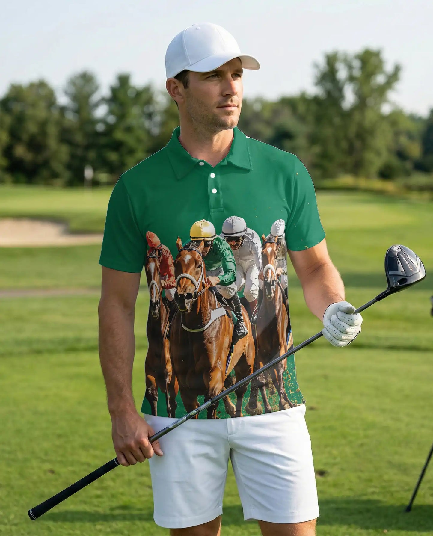 Green Horse Racing 3D Polo Shirt for Men, Jockey Derby Sports Style | Azhawaiian