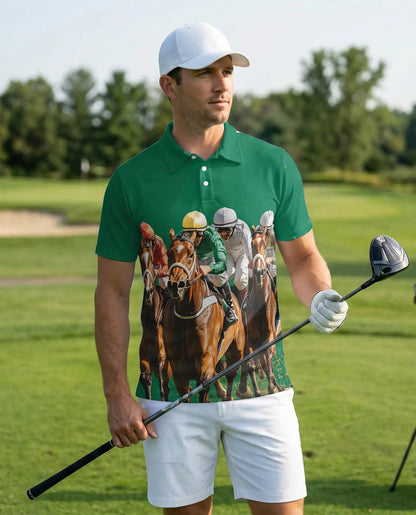 Green Horse Racing 3D Polo Shirt for Men, Jockey Derby Sports Style | Azhawaiian