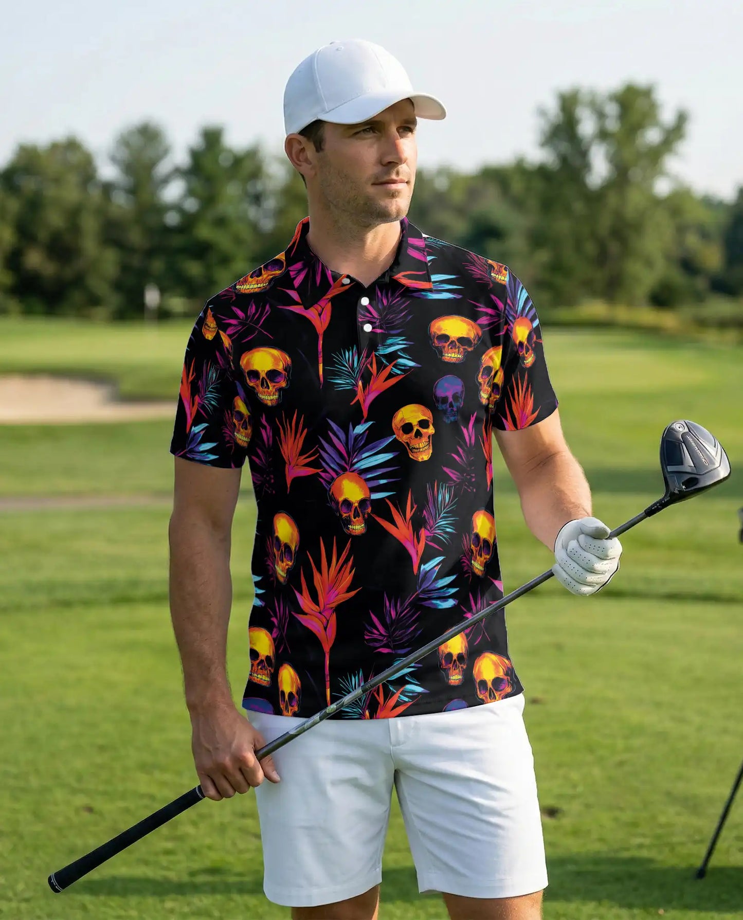 Neon Skull Polo Shirt, Tropical Gothic Print | Azhawaiian
