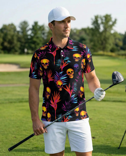 Neon Skull Polo Shirt, Tropical Gothic Print | Azhawaiian