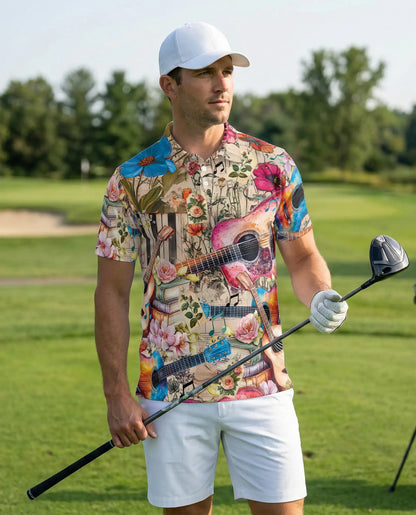 Acoustic Guitar Polo Shirt, Floral Music Art Print | Azhawaiian