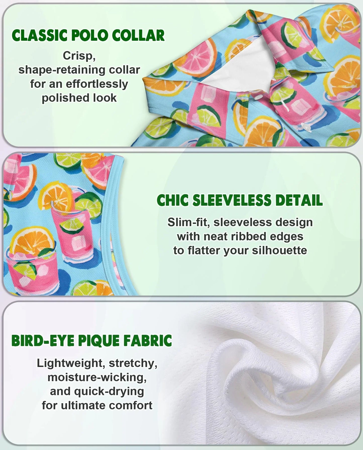 Cocktails Gouache Painting Sleeveless Polo Shirt for Women, Artistic Summer Style | Azhawaiian