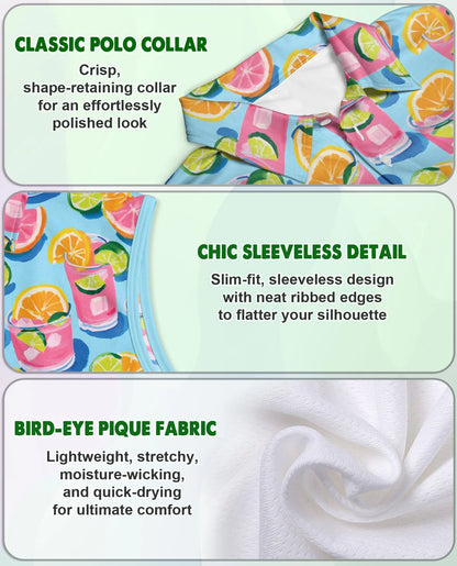 Cocktails Gouache Painting Sleeveless Polo Shirt for Women, Artistic Summer Style | Azhawaiian
