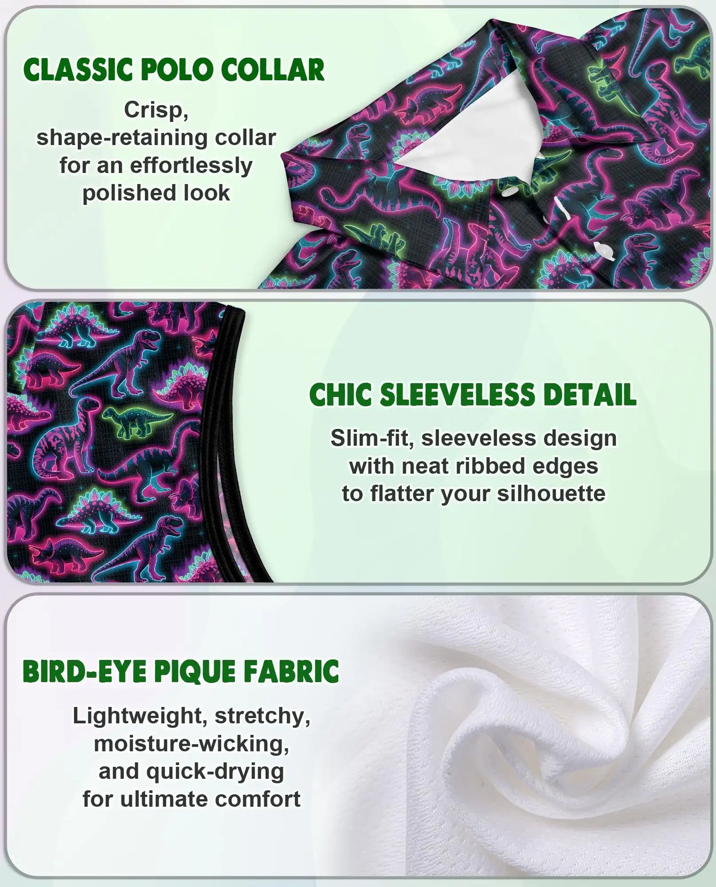 Neon Dinosaur Print Sleeveless Polo Shirt for Women | Azhawaiian