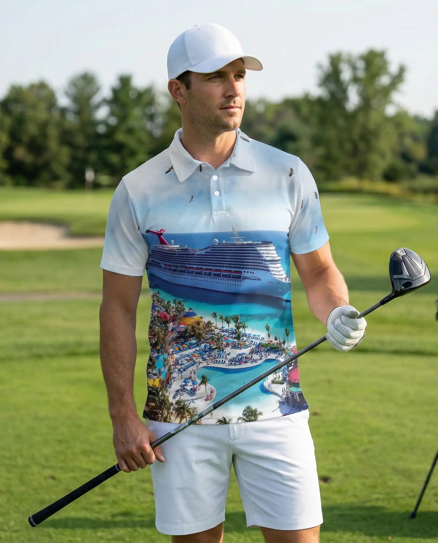 Tropical Cruise Ship 3D Polo Shirt for Men, Ocean Vacation Beach Style | Azhawaiian