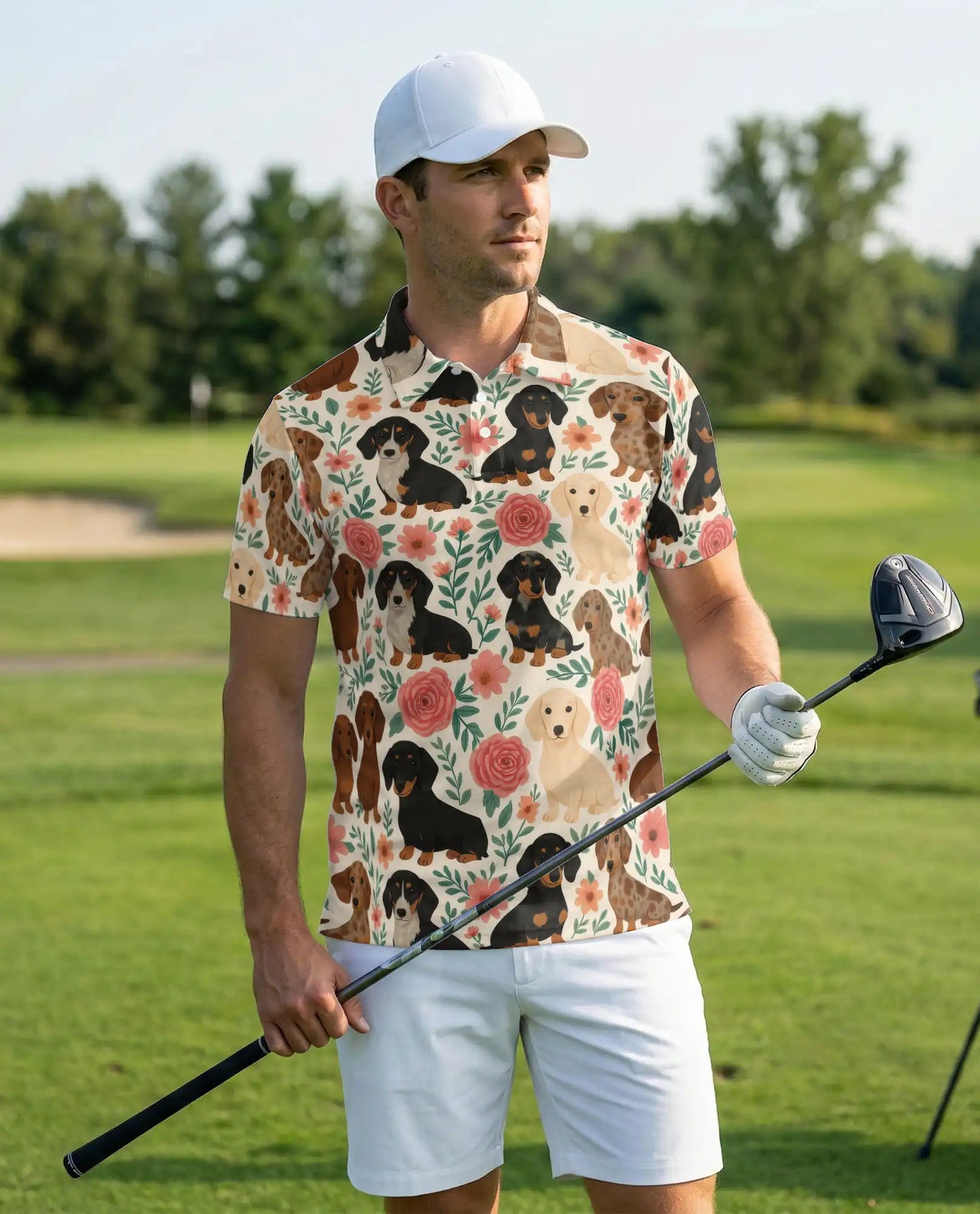 Dachshund Dog Pattern Polo Shirt for Men, Cute Pet Tropical Style | Azhawaiian