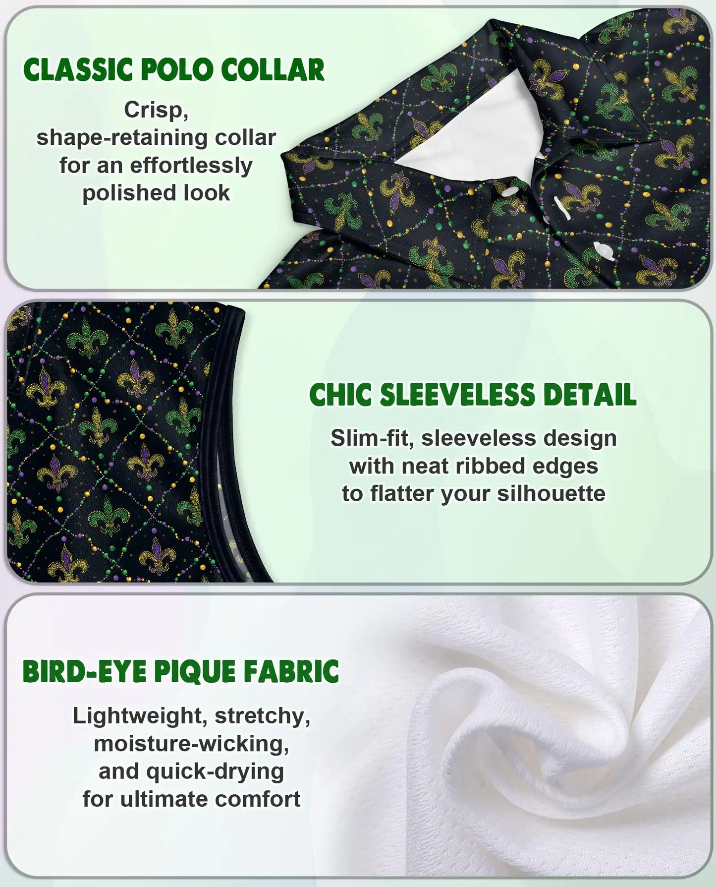 Fleur-de-lis Purple Green Sleeveless Polo Shirt for Women | Azhawaiian