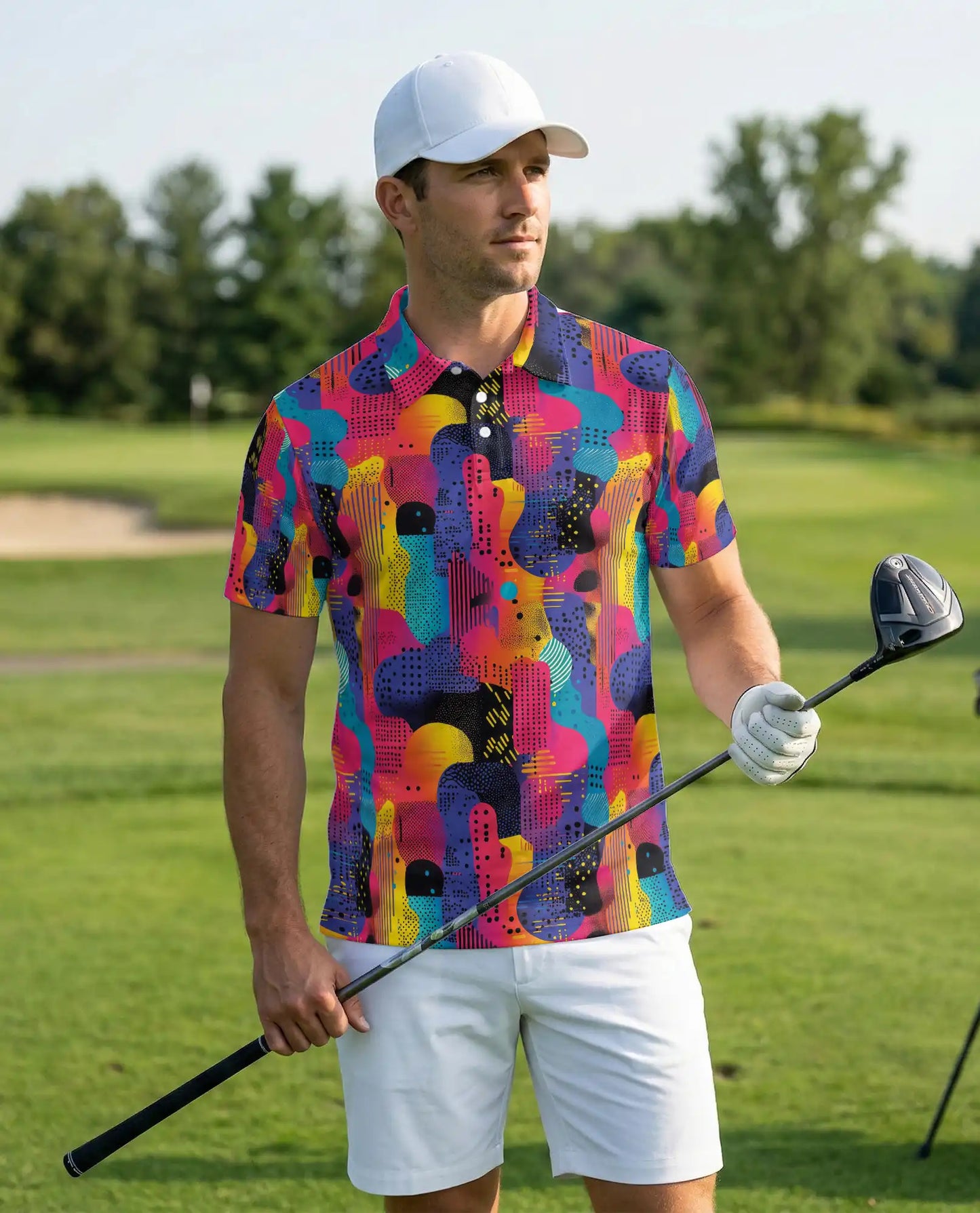 Colorful Abstract 3D Polo Shirt for Men, Retro Geometric Art Style | Azhawaiian