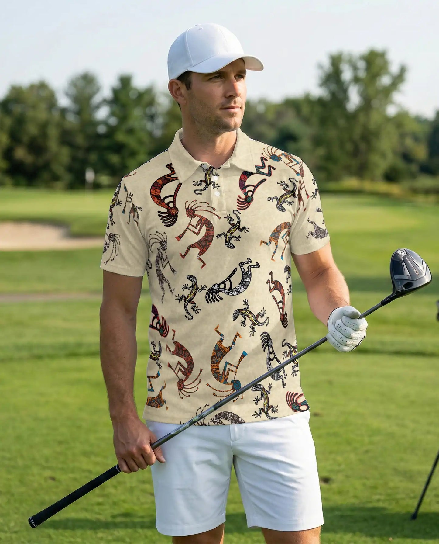 Kokopelli Polo Shirt, Tribal Lizard Pattern Print | Azhawaiian