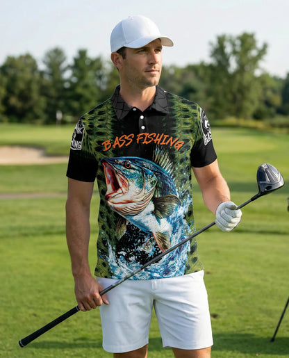 Bass Fishing 3D Polo Shirt for Men, Freshwater Angler Outdoor Style | Azhawaiian