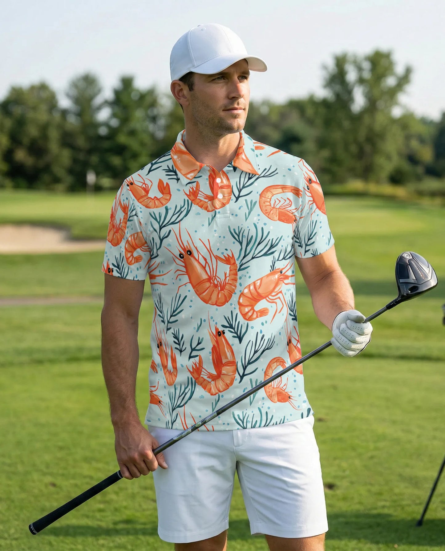 Shrimp Pattern 3D Polo Shirt for Men, Coastal Seafood Summer Style | Azhawaiian